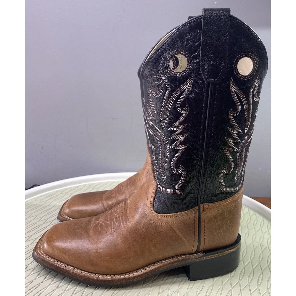 Old West Boys Leather Western Cowboy Kids Riding Boots Brown&Black Youth Sz.2 D‎